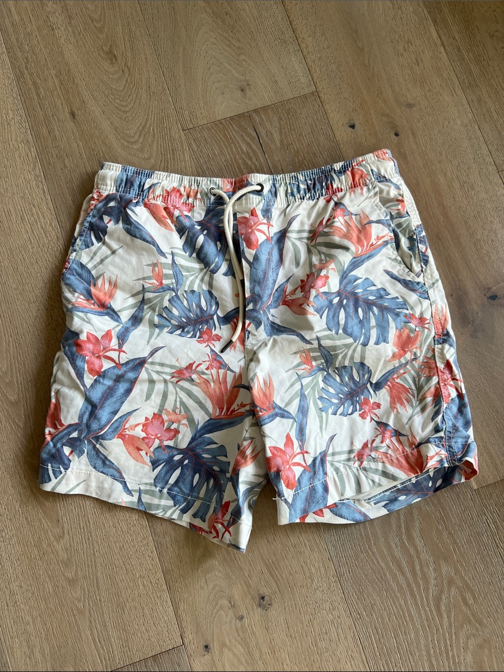 American Eagle Outfitters Floral Swim Trunks - Cream with Blue & Coral Print